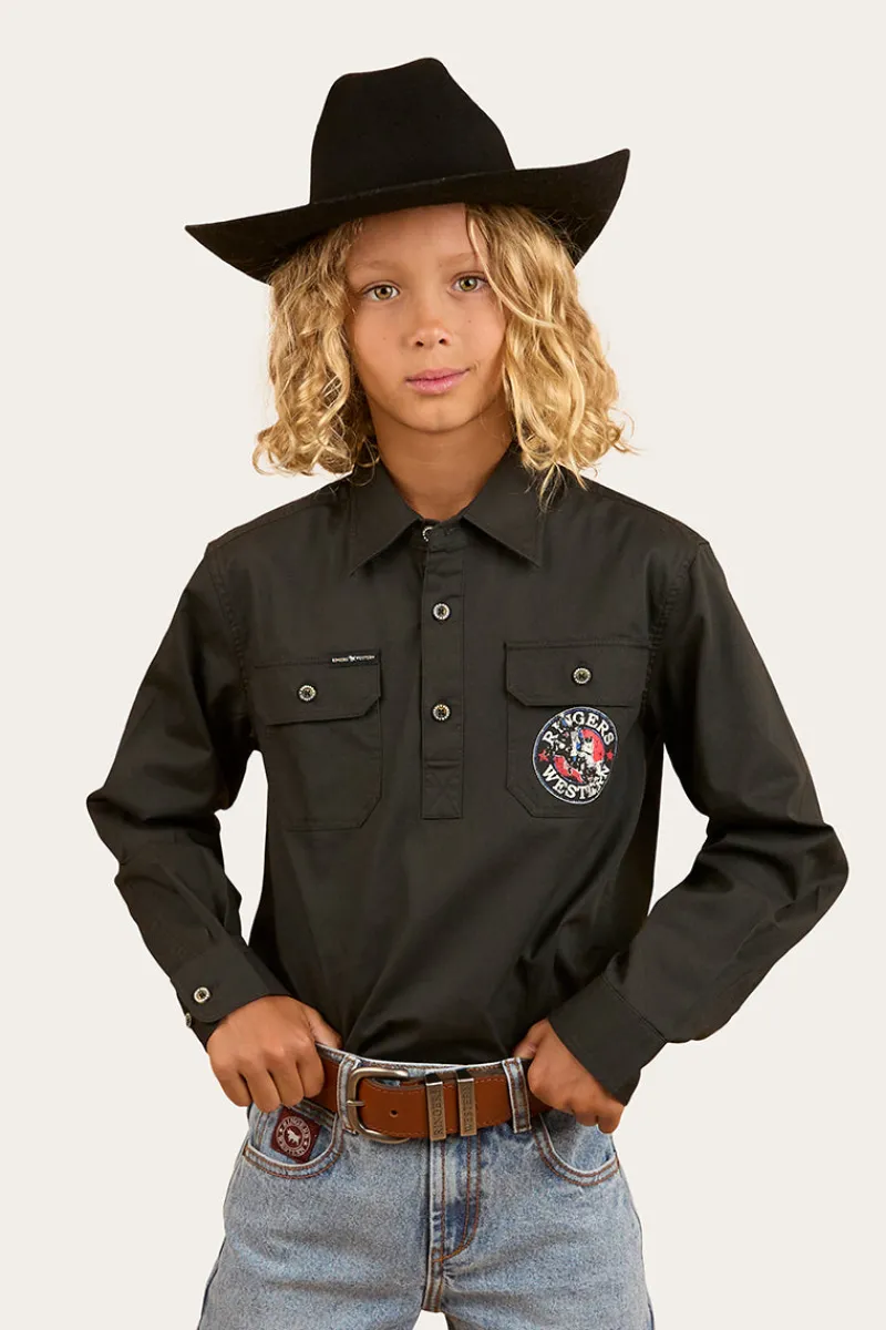 Outlet Ringers Western 8 Seconds Bucking Bull Work Shirt - Charcoal