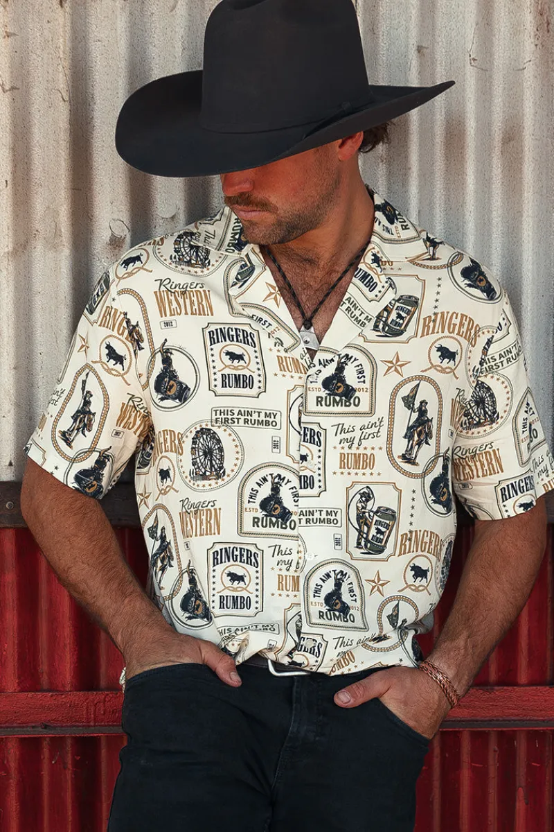 Outlet Ringers Western Aint My First Rumbo Mens Pub Shirt - Off White