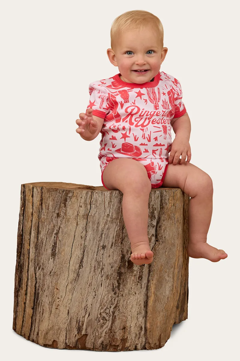 Best Ringers Western Boot Scootin Babies Short Sleeve Romper - Barely Pink