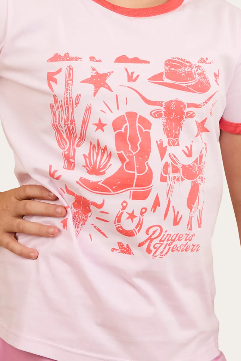Outlet Ringers Western Boot Scootin Kids Ringer T-Shirt - Barley Pink