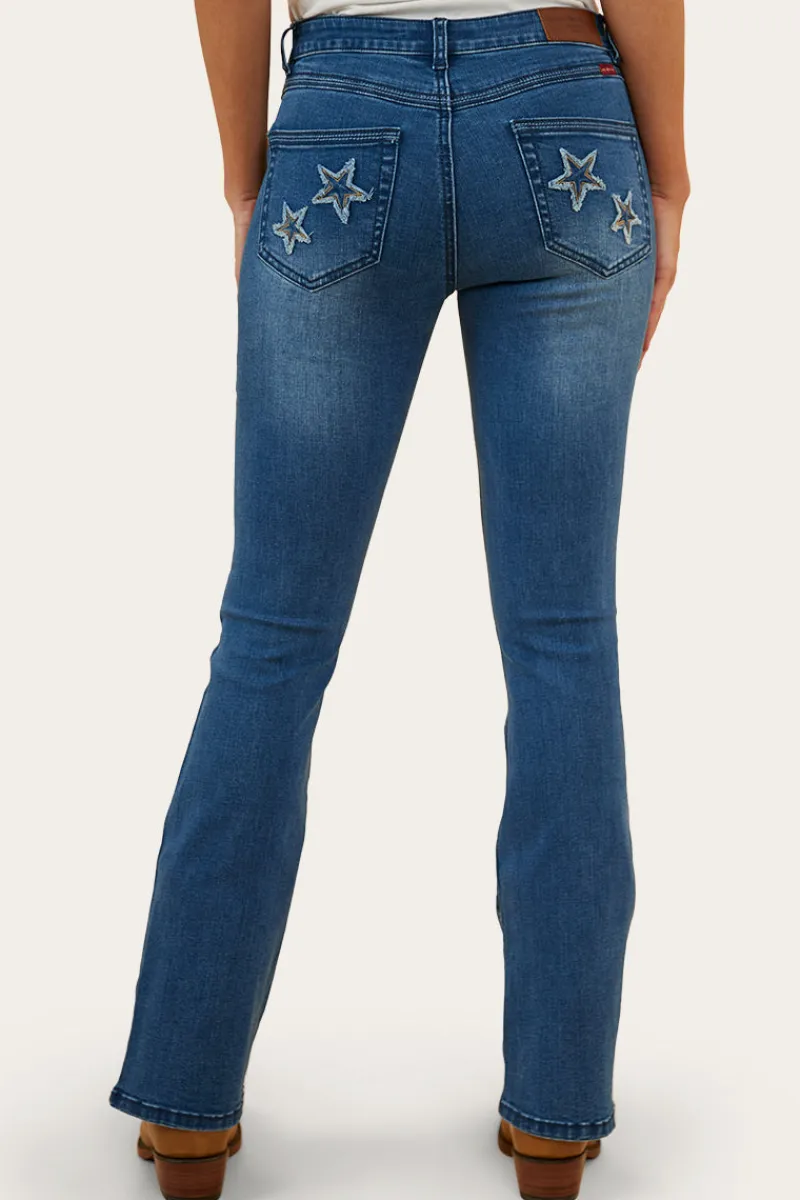 Hot Ringers Western Caroline Rodeo Womens Mid-Rise Bootleg Jeans - Vintage Blue Wash