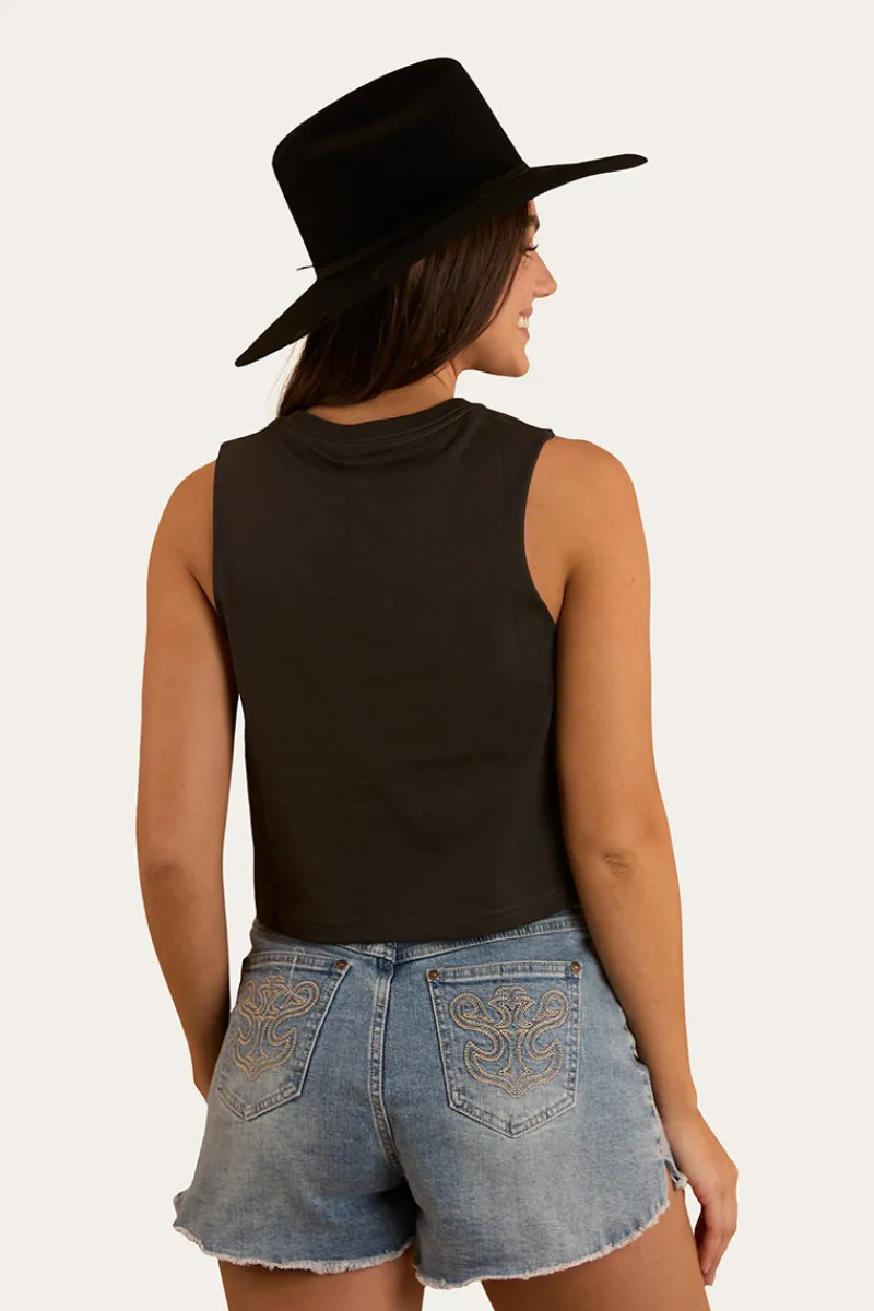 Discount Ringers Western Chasing Cowboys Womens Crop Muscle Tank - Charcoal