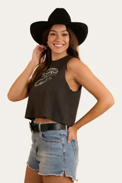 Discount Ringers Western Chasing Cowboys Womens Crop Muscle Tank - Charcoal