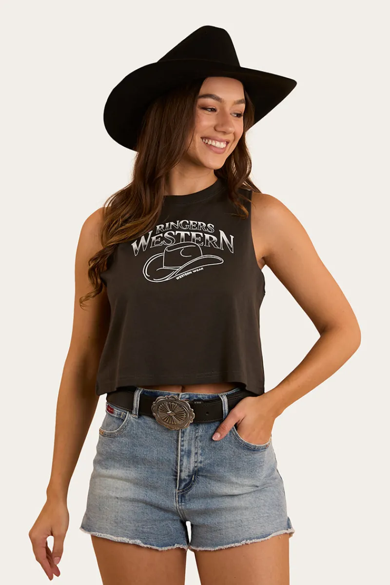 Discount Ringers Western Chasing Cowboys Womens Crop Muscle Tank - Charcoal