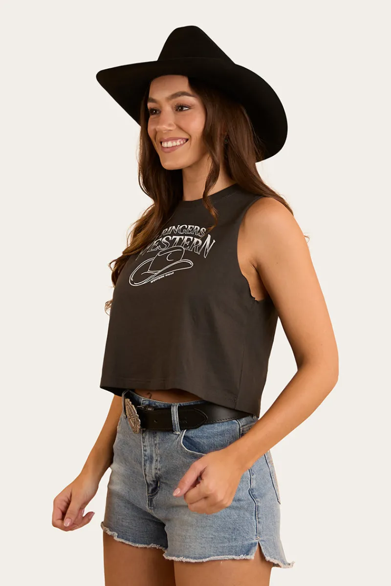 Discount Ringers Western Chasing Cowboys Womens Crop Muscle Tank - Charcoal