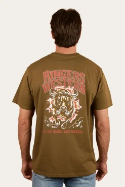 Ringers Western Do No Harm Take No Bull Mens Loose Fit T-Shirt - Military Green
