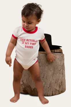Clearance Ringers Western First Rodeo Babies Short Sleeve Romper - Off White / Red
