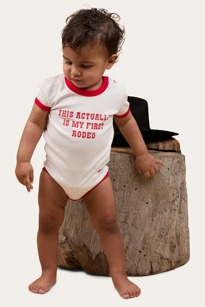 Clearance Ringers Western First Rodeo Babies Short Sleeve Romper - Off White / Red