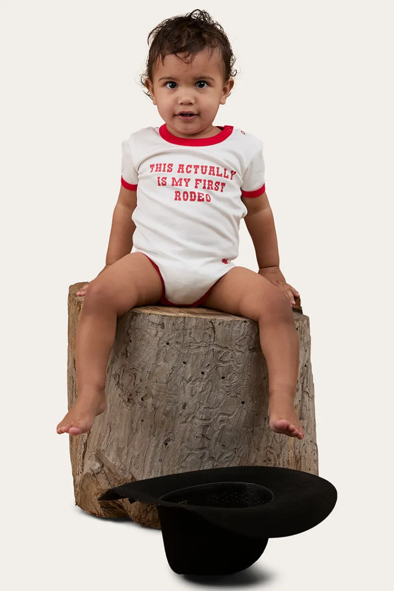 Clearance Ringers Western First Rodeo Babies Short Sleeve Romper - Off White / Red