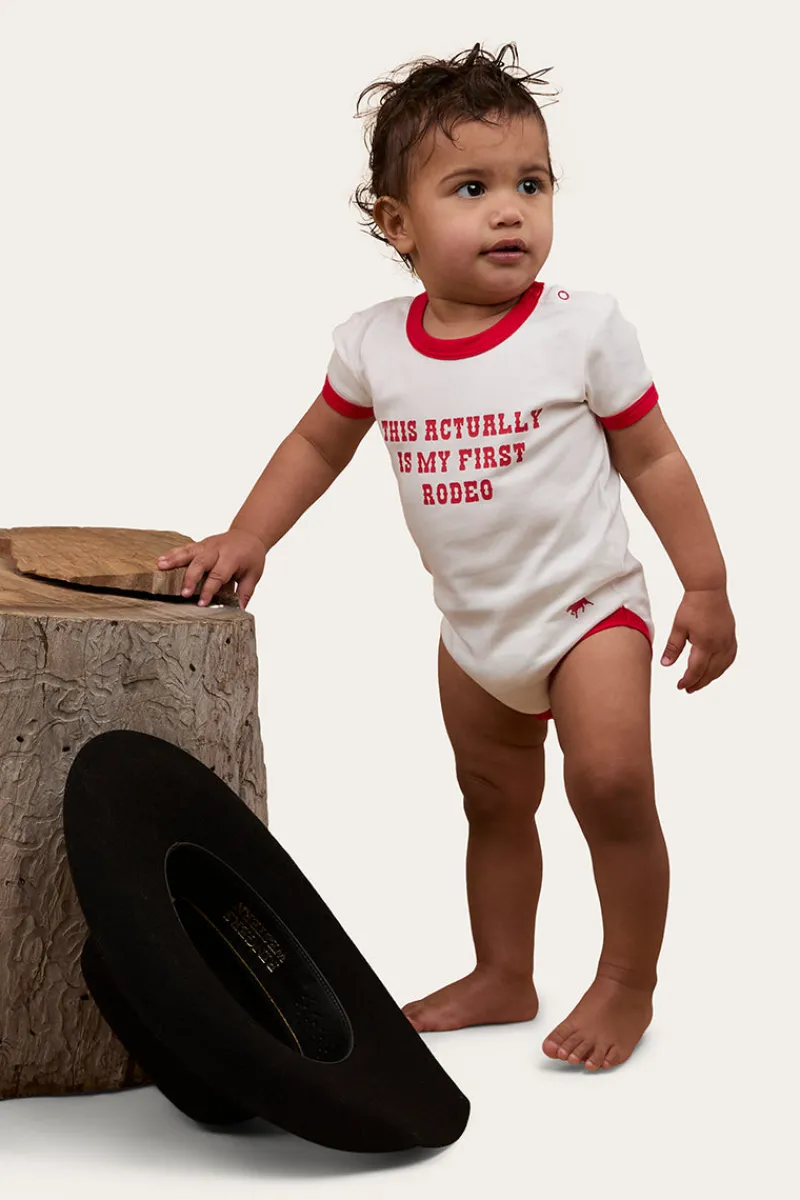 Clearance Ringers Western First Rodeo Babies Short Sleeve Romper - Off White / Red