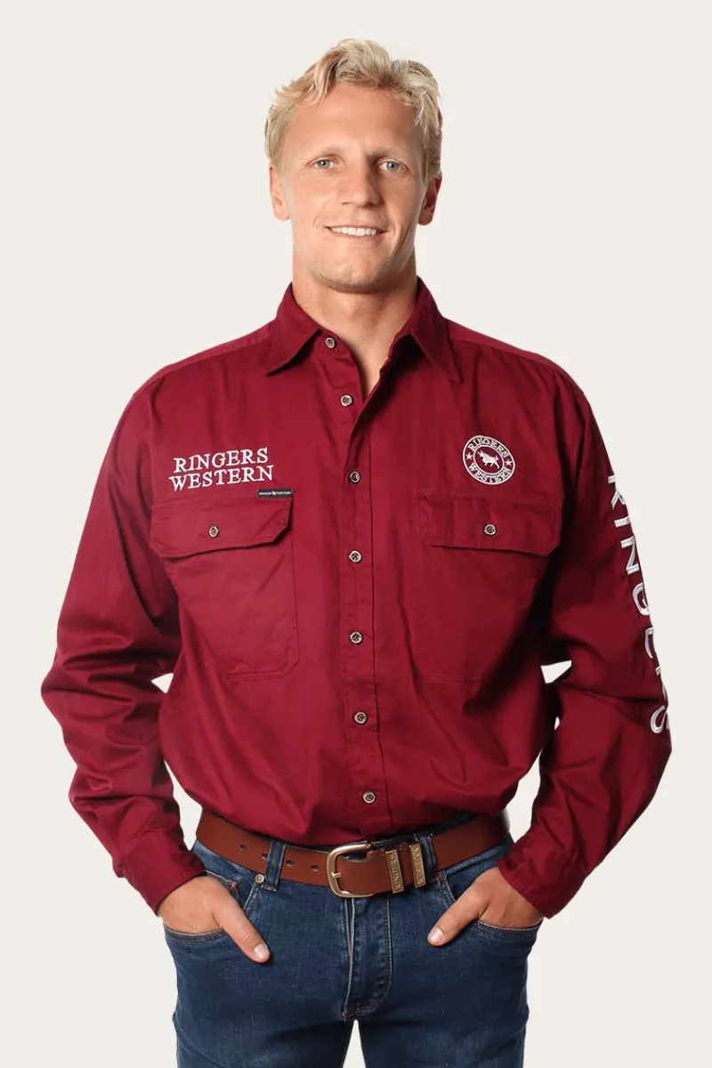 Ringers Western Hawkeye Mens Full Button Work Shirt - Burgundy/White