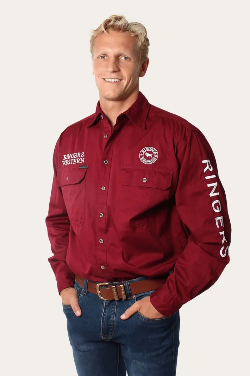 Ringers Western Hawkeye Mens Full Button Work Shirt - Burgundy/White