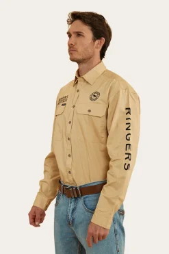 Online Ringers Western Hawkeye Mens Full Button Work Shirt - Dark Sand/Black