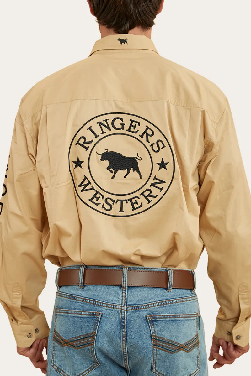 Online Ringers Western Hawkeye Mens Full Button Work Shirt - Dark Sand/Black