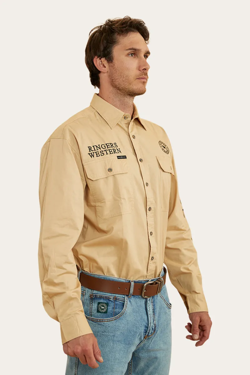 Online Ringers Western Hawkeye Mens Full Button Work Shirt - Dark Sand/Black