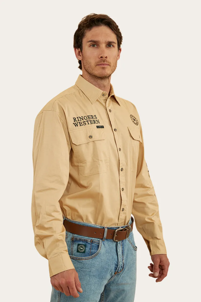 Online Ringers Western Hawkeye Mens Full Button Work Shirt - Dark Sand/Black