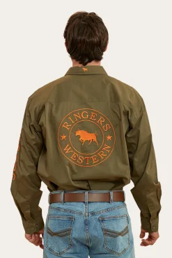 Discount Ringers Western Hawkeye Mens Full Button Work Shirt - Military Green/Orange