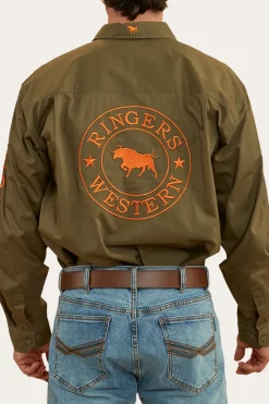Discount Ringers Western Hawkeye Mens Full Button Work Shirt - Military Green/Orange