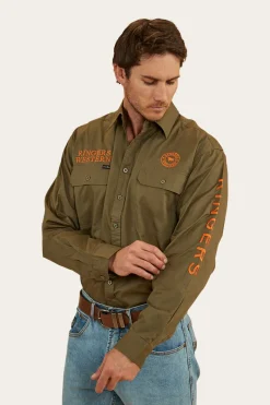 Discount Ringers Western Hawkeye Mens Full Button Work Shirt - Military Green/Orange