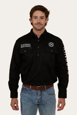 Online Ringers Western Hawkeye Mens Half Button Work Shirt - Black