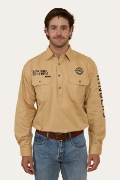 Discount Ringers Western Hawkeye Mens Half Button Work Shirt - Dark Sand