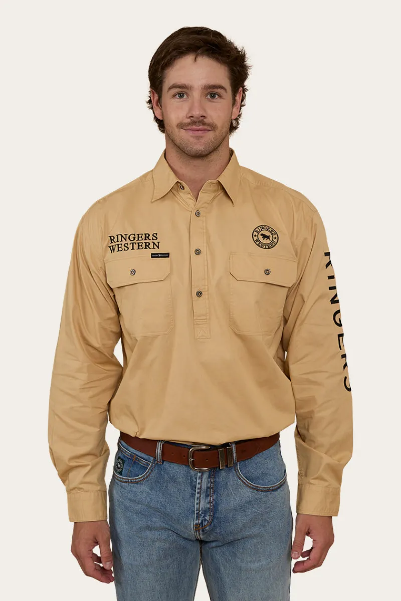 Discount Ringers Western Hawkeye Mens Half Button Work Shirt - Dark Sand