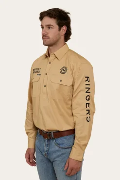 Discount Ringers Western Hawkeye Mens Half Button Work Shirt - Dark Sand