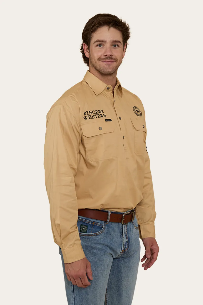 Discount Ringers Western Hawkeye Mens Half Button Work Shirt - Dark Sand