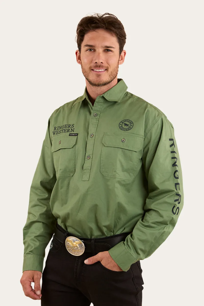 Clearance Ringers Western Hawkeye Mens Half Button Work Shirt - Cactus / Charcoal