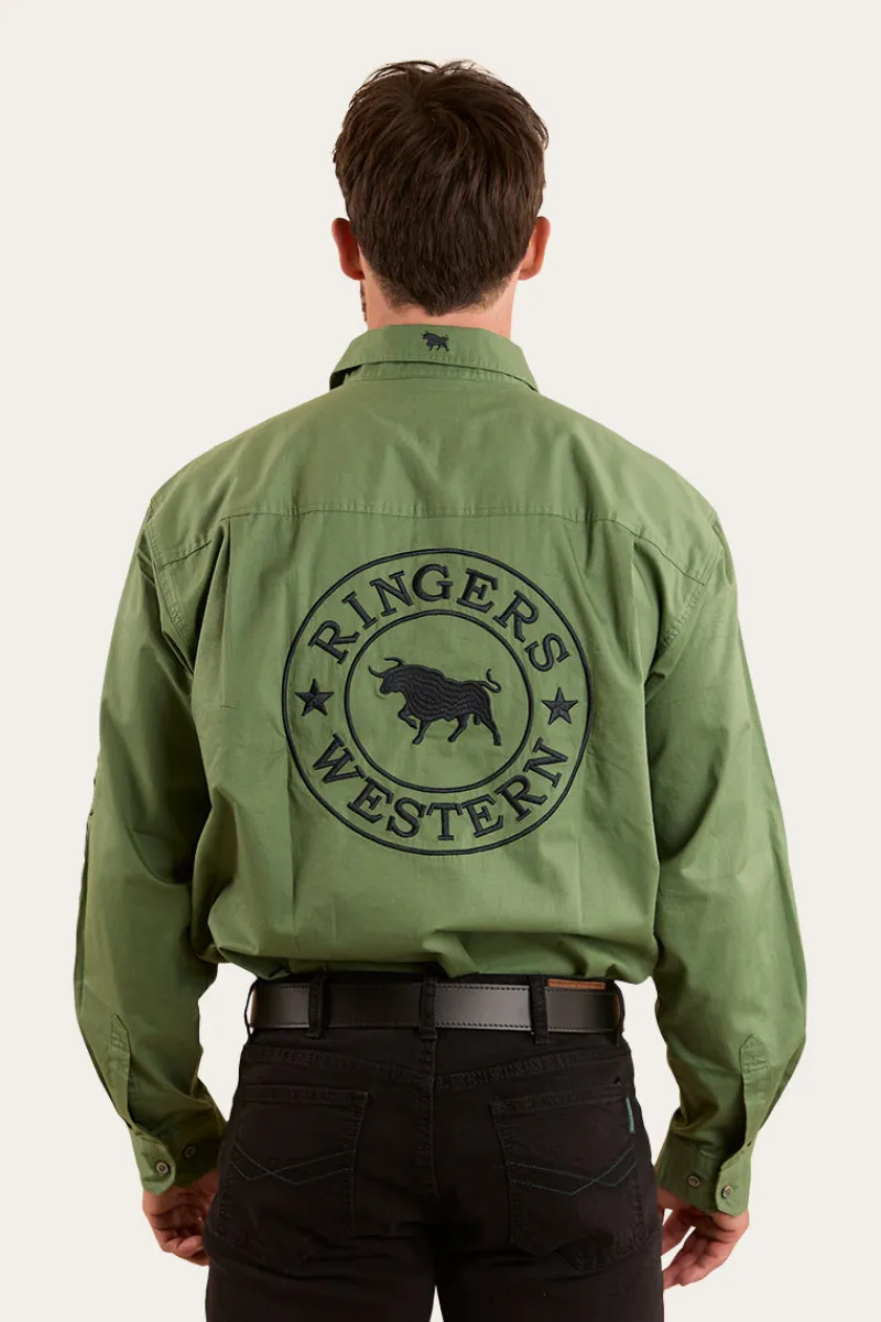 Clearance Ringers Western Hawkeye Mens Half Button Work Shirt - Cactus / Charcoal