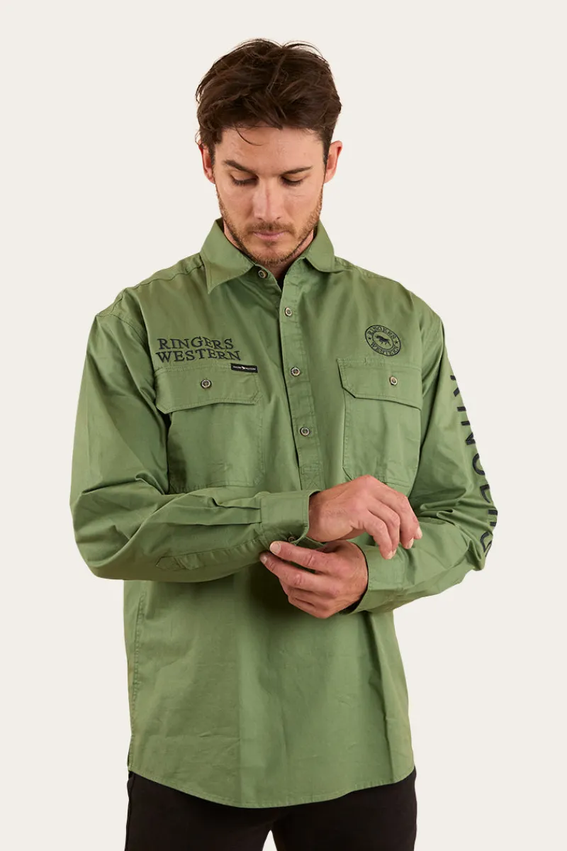 Clearance Ringers Western Hawkeye Mens Half Button Work Shirt - Cactus / Charcoal