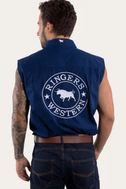 Online Ringers Western Hawkeye Mens Sleeveless Work Shirt - Navy/White