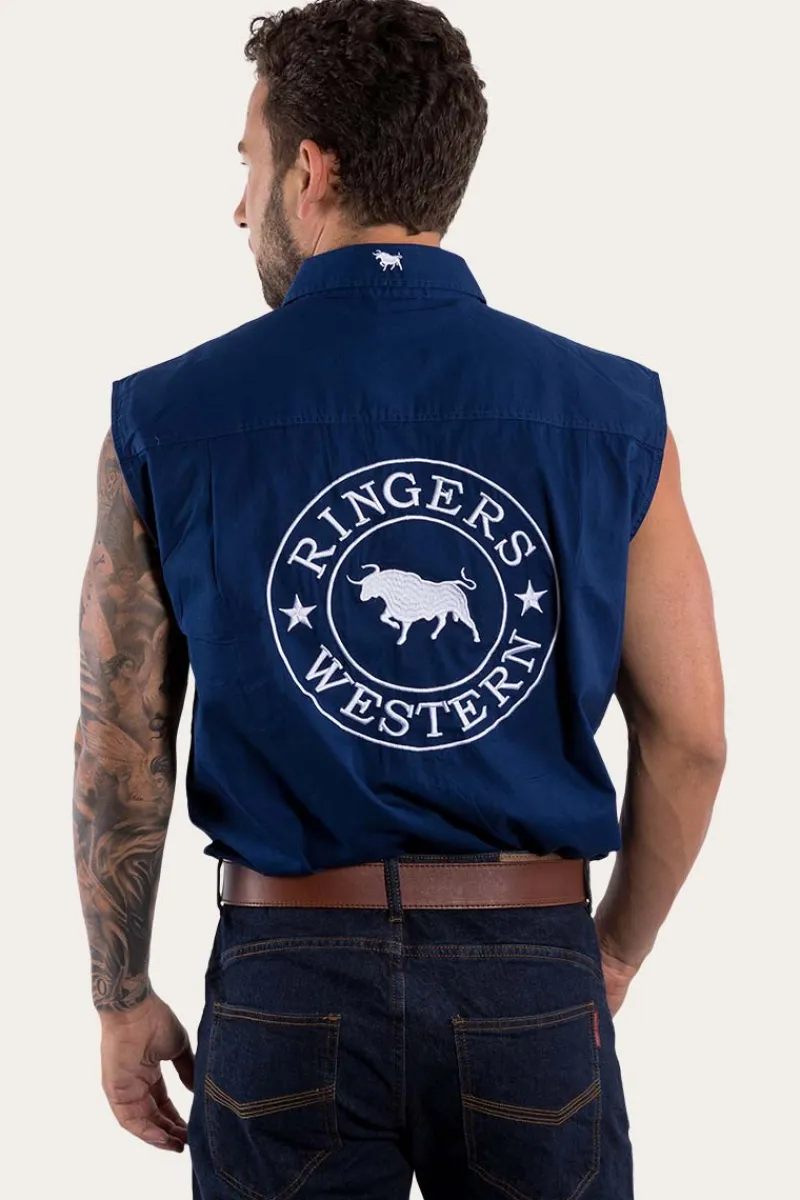 Online Ringers Western Hawkeye Mens Sleeveless Work Shirt - Navy/White