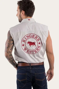 Sale Ringers Western Hawkeye Mens Sleeveless Work Shirt - Beige/Dark Red