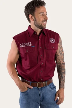 Discount Ringers Western Hawkeye Mens Sleeveless Work Shirt - Burgundy/White