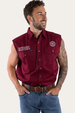 Discount Ringers Western Hawkeye Mens Sleeveless Work Shirt - Burgundy/White