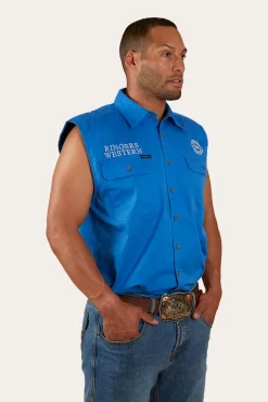 Hot Ringers Western Hawkeye Mens Sleeveless Work Shirt - Blue/White