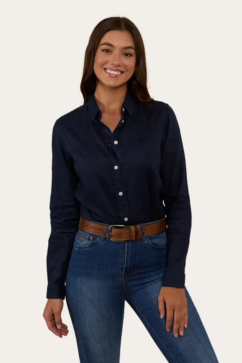 Online Ringers Western Hayley Womens Relaxed Linen Dress Shirt - Navy