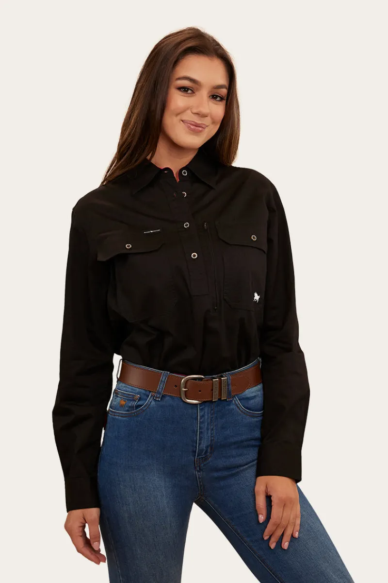 Online Ringers Western Herefords Womens Half Button Work Shirt - Black/Melon