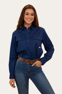 Online Ringers Western Herefords Womens Half Button Work Shirt - Navy/Melon