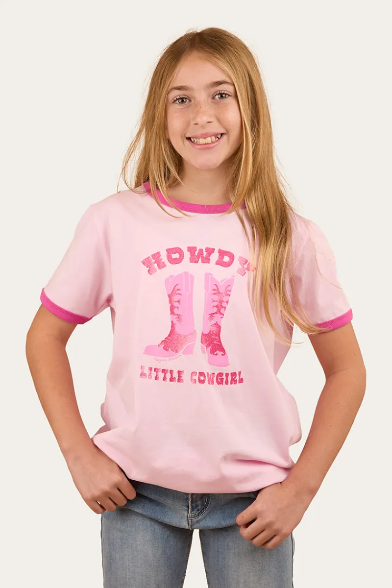 Online Ringers Western Howdy Cowgirl Kids Ringer T-Shirt - Ballet Pink