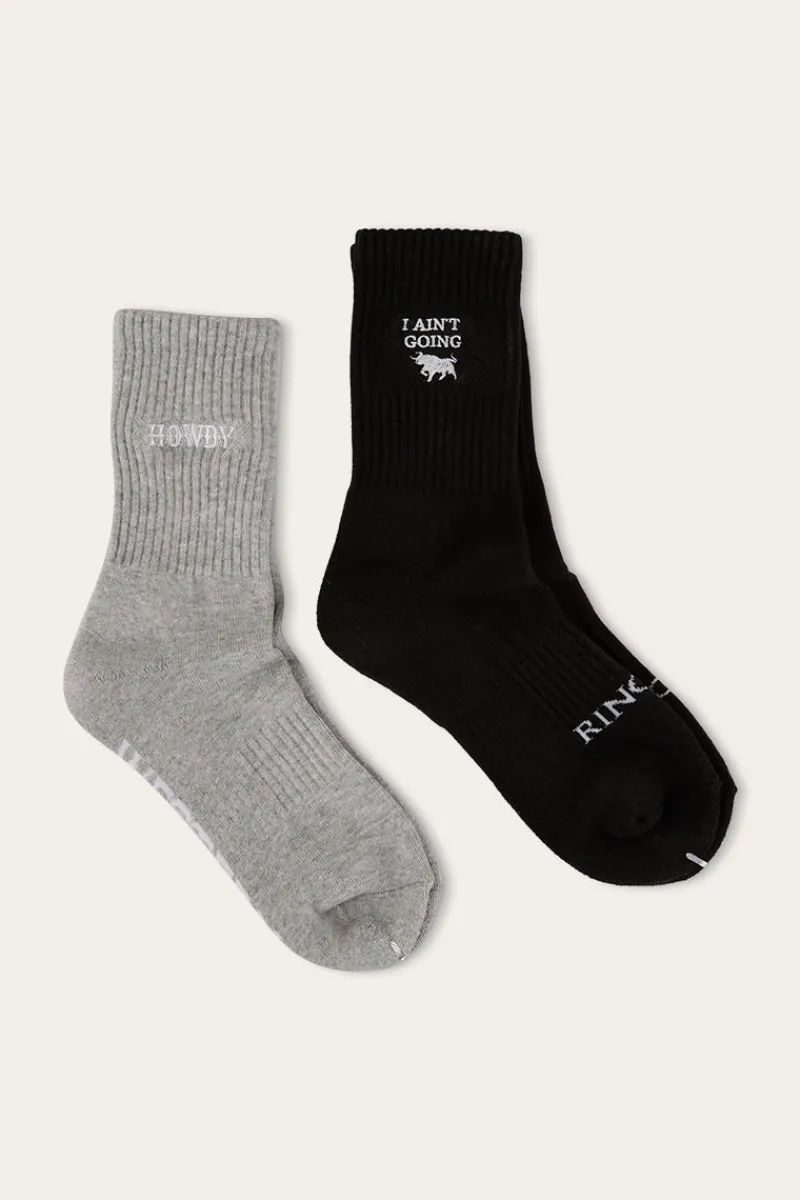 Hot Ringers Western Howdy Unisex Sock 2 Pack - Black/Grey Marle