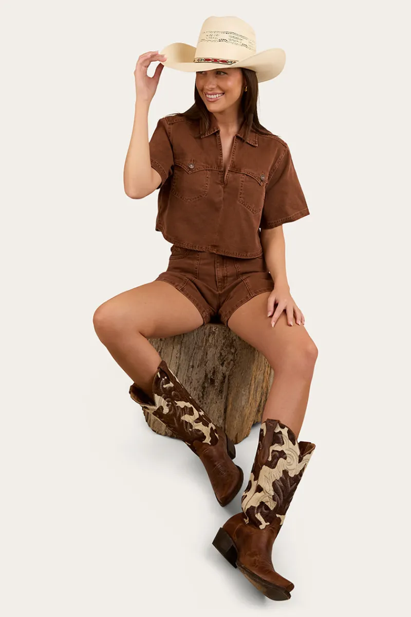 Best Ringers Western Iris Womens Denim Short - Saddle Brown