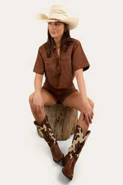 Outlet Ringers Western Iris Womens Denim Top - Saddle Brown