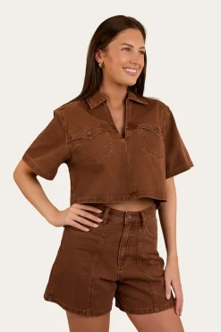 Outlet Ringers Western Iris Womens Denim Top - Saddle Brown