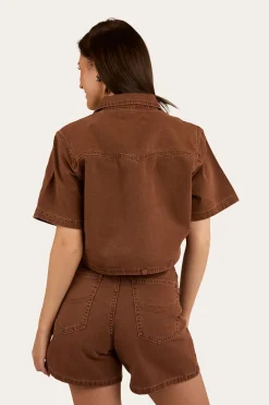 Outlet Ringers Western Iris Womens Denim Top - Saddle Brown