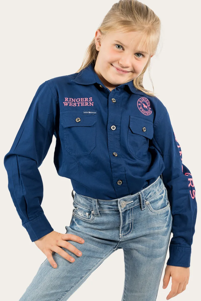 Clearance Ringers Western Jackaroo Kids Full Button Work Shirt - Navy/Melon