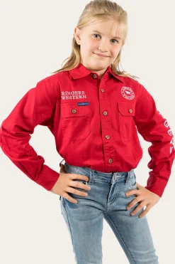 Online Ringers Western Jackaroo Kids Full Button Work Shirt - Dark Red/White