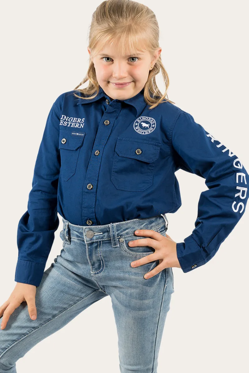 Online Ringers Western Jackaroo Kids Full Button Work Shirt - Navy/White