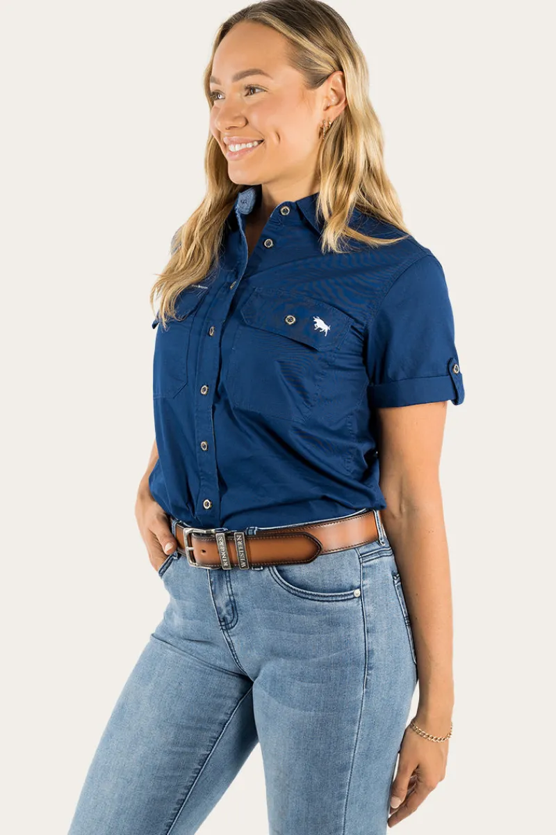Clearance Ringers Western Jules Womens Full Button Short Sleeve Work Shirt - Navy